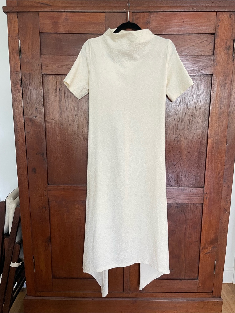 Asymmetrical Cream Short-Sleeve High-Neck Dress